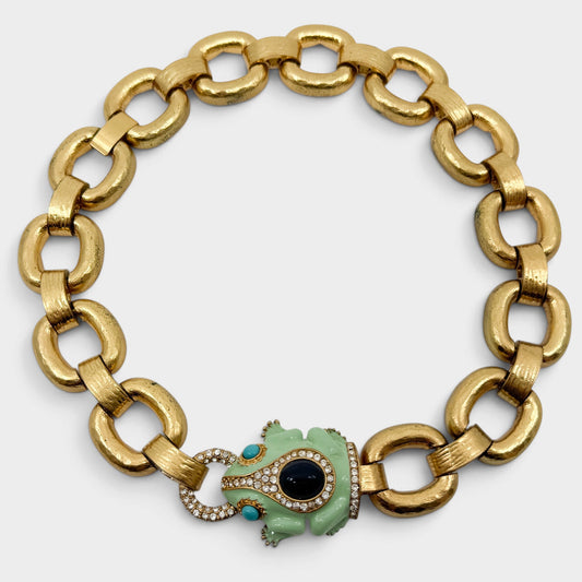 J.Crew Y2K Mint Green Enamel Frog Crystal Chunky Gold Link Statement Necklace