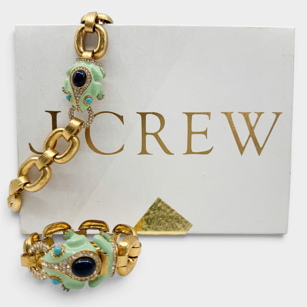 J.Crew Y2K Mint Green Enamel Frog Crystal Chunky Gold Link Statement Necklace