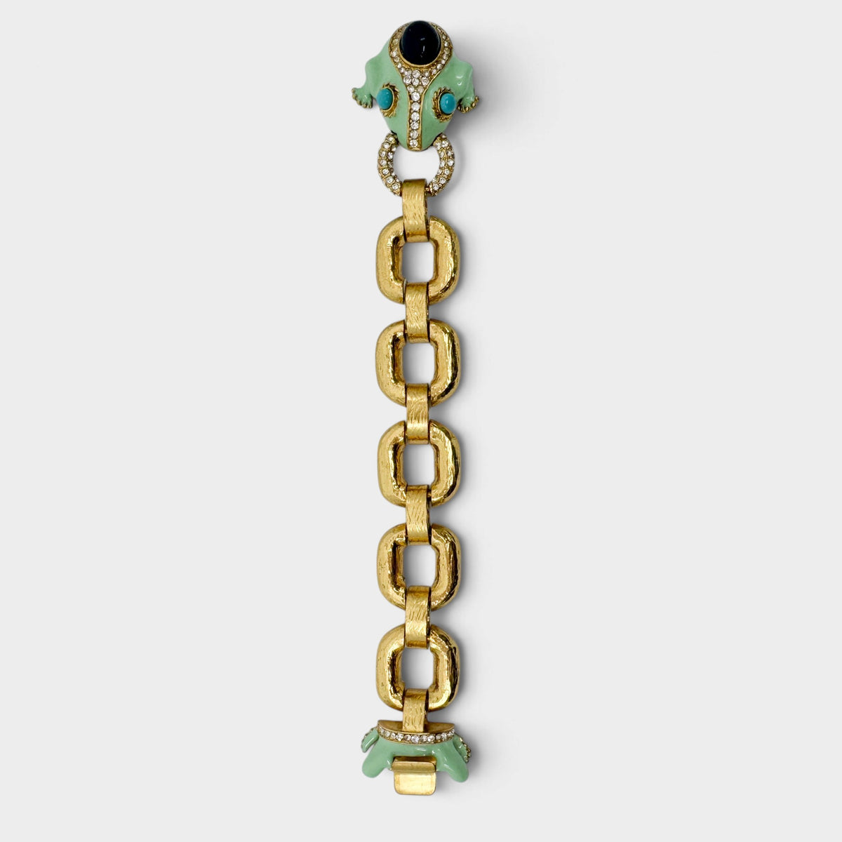 J.Crew Y2K Mint Green Enamel Frog Crystal Chunky Gold Link Statement Bracelet