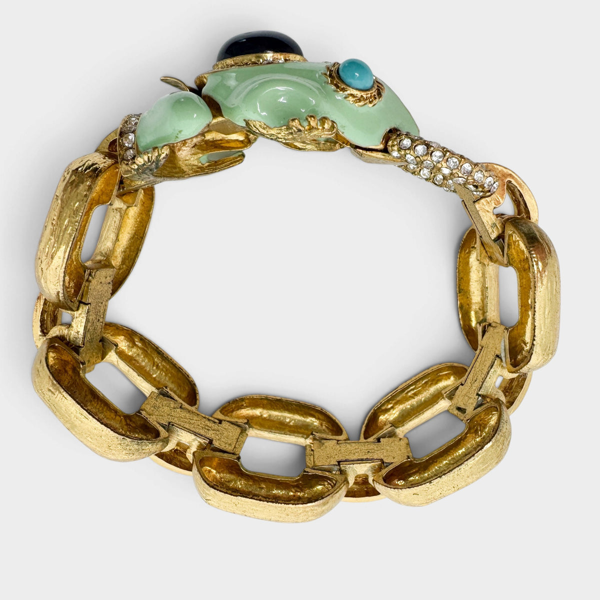 J.Crew Y2K Mint Green Enamel Frog Crystal Chunky Gold Link Statement Bracelet