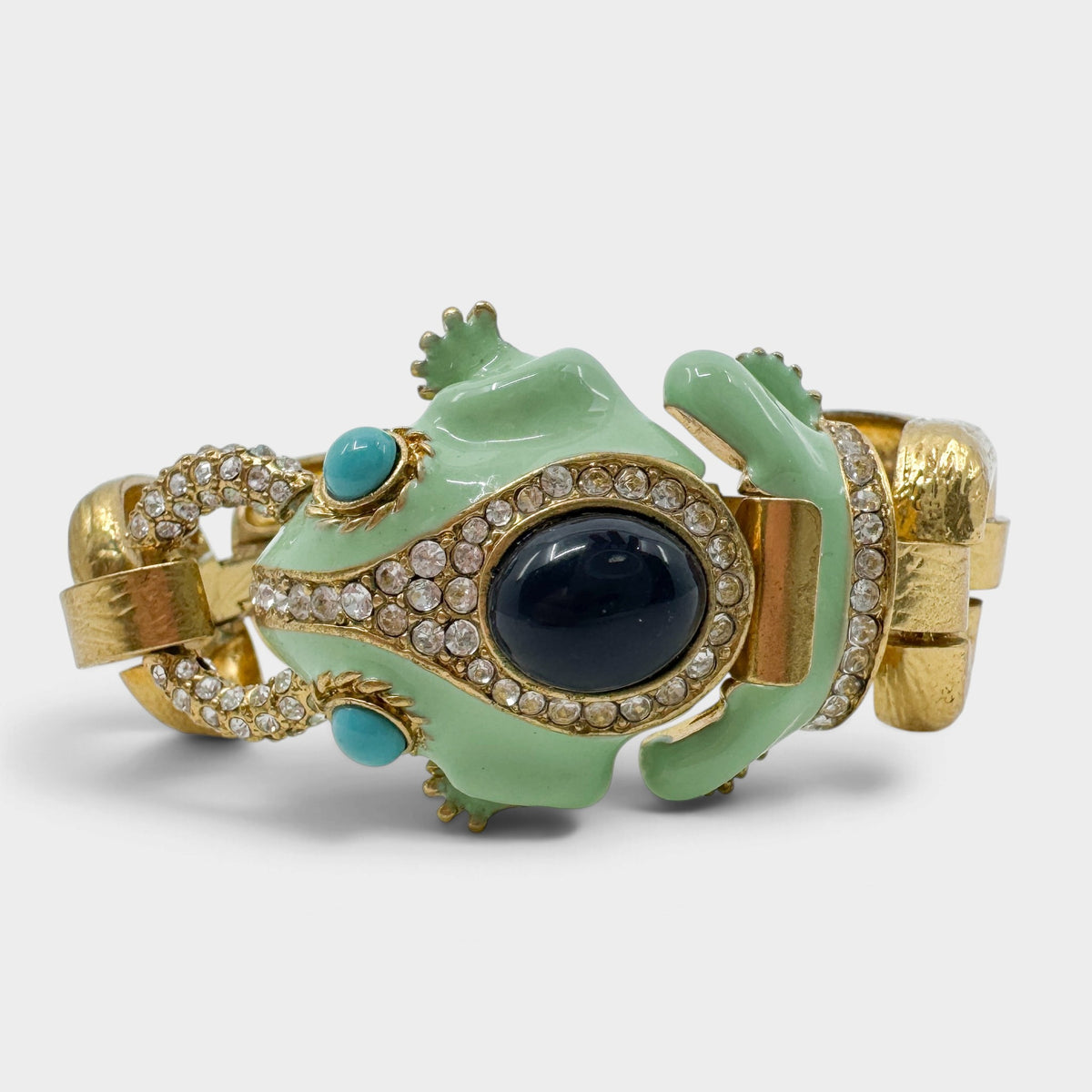 J.Crew Y2K Mint Green Enamel Frog Crystal Chunky Gold Link Statement Bracelet