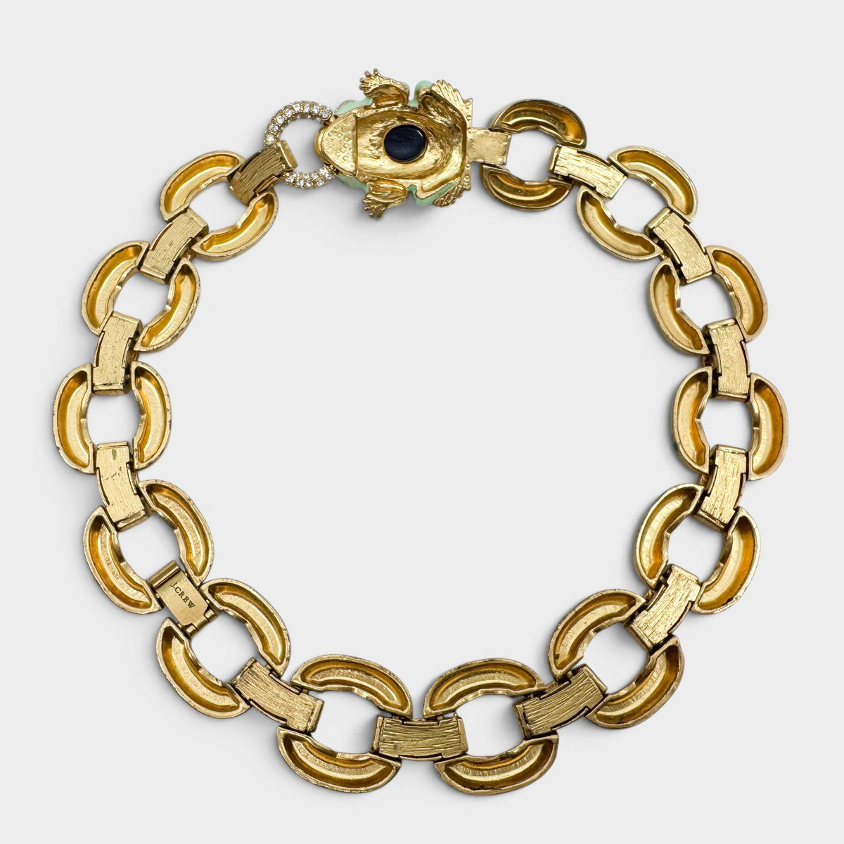J.Crew Y2K Mint Green Enamel Frog Crystal Chunky Gold Link Statement Necklace