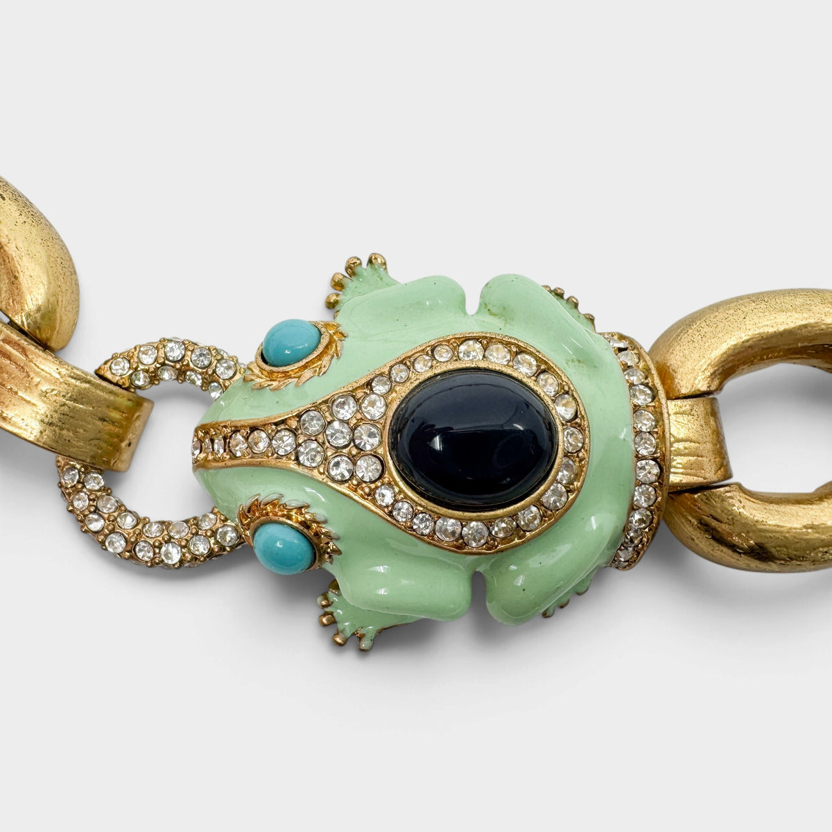 J.Crew Y2K Mint Green Enamel Frog Crystal Chunky Gold Link Statement Necklace