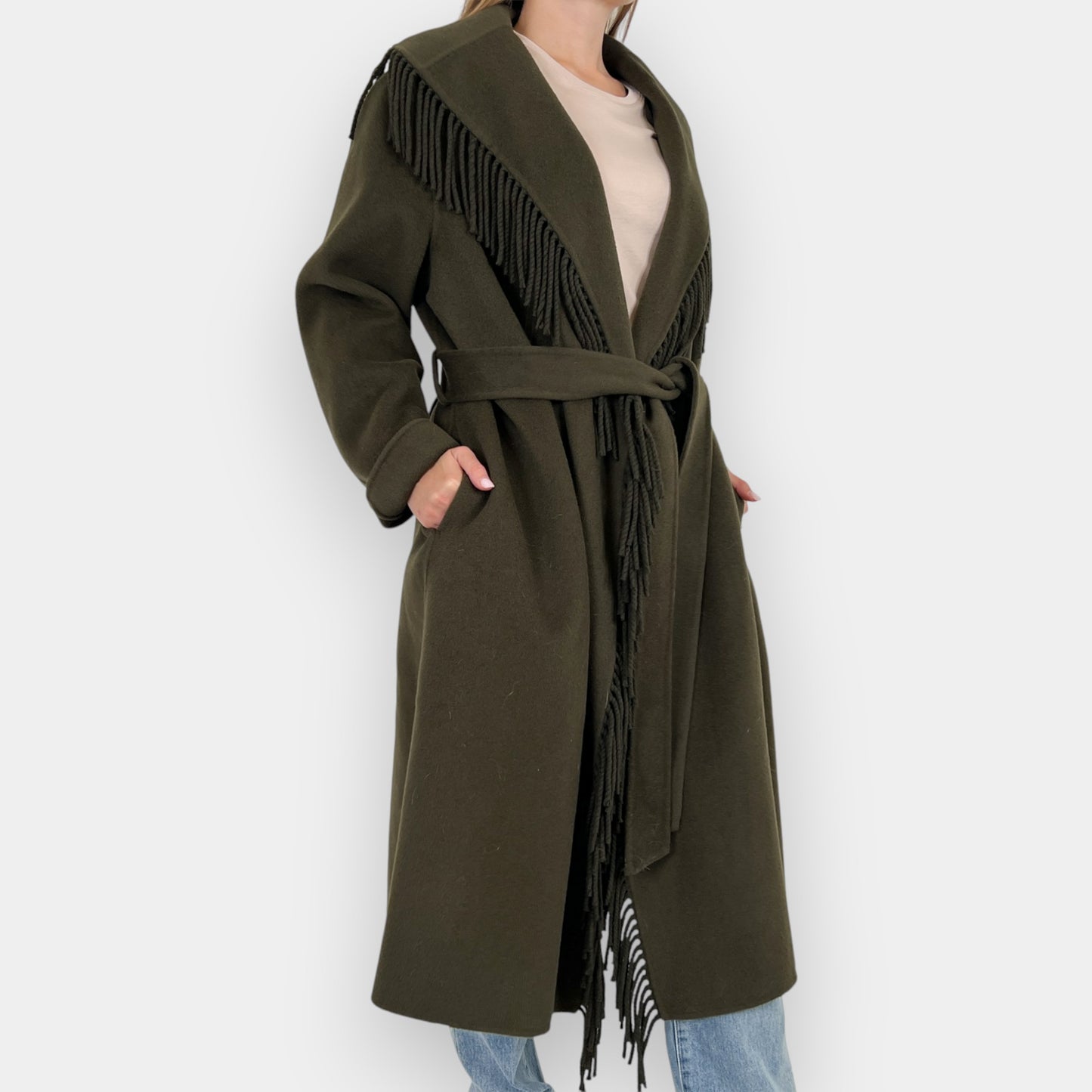 Minima Esenciales Khaki Green 100% Wool Yani Fringed Coat AU16 ~ Large