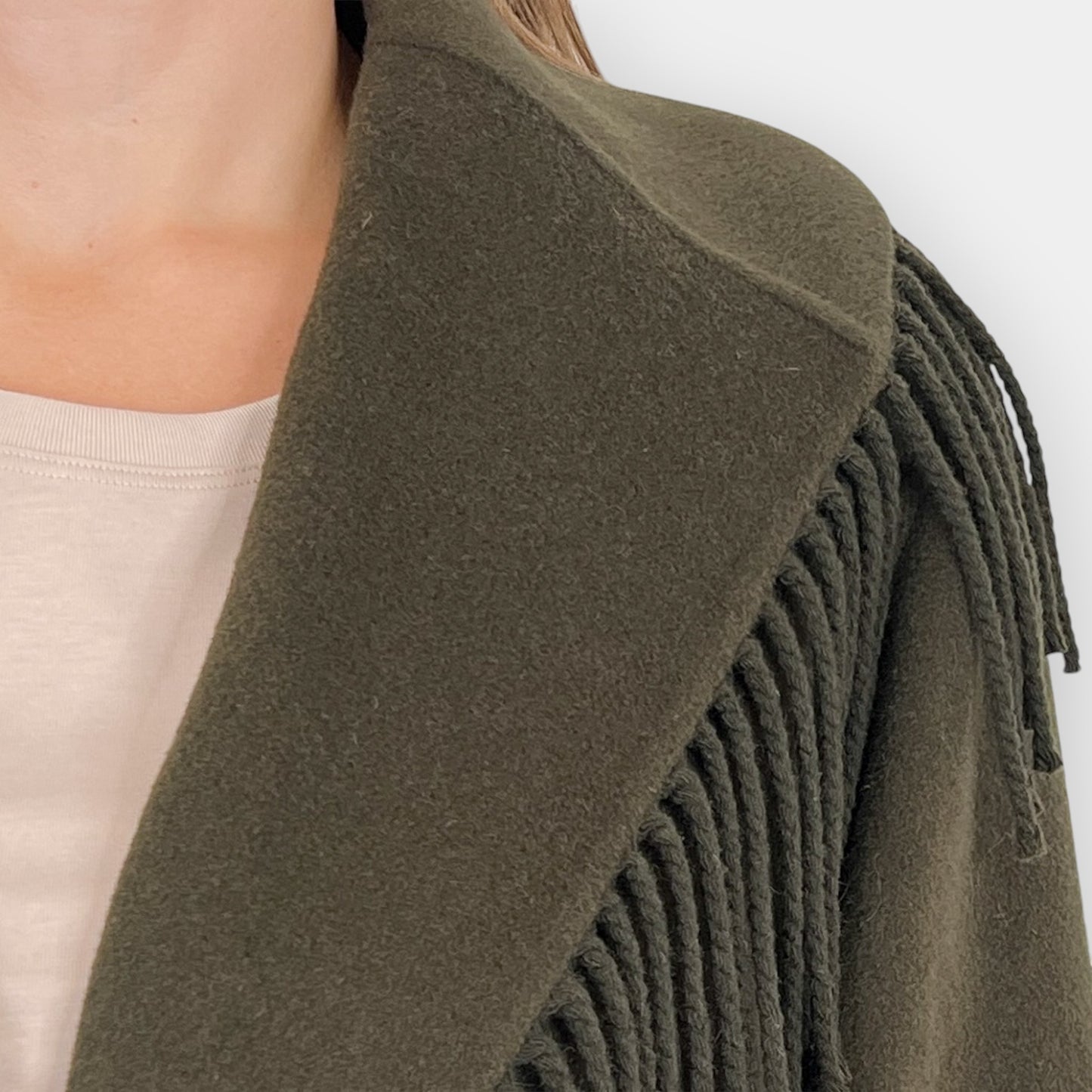 Minima Esenciales Khaki Green 100% Wool Yani Fringed Coat AU16 ~ Large