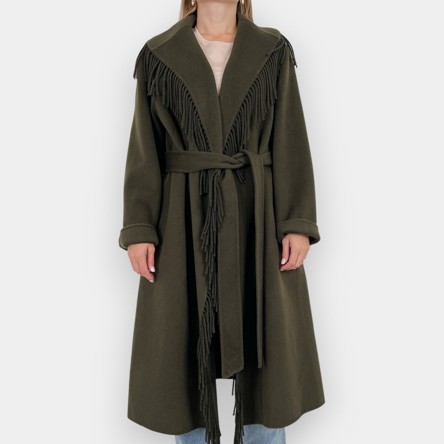 Minima Esenciales Khaki Green 100% Wool Yani Fringed Coat AU16 ~ Large