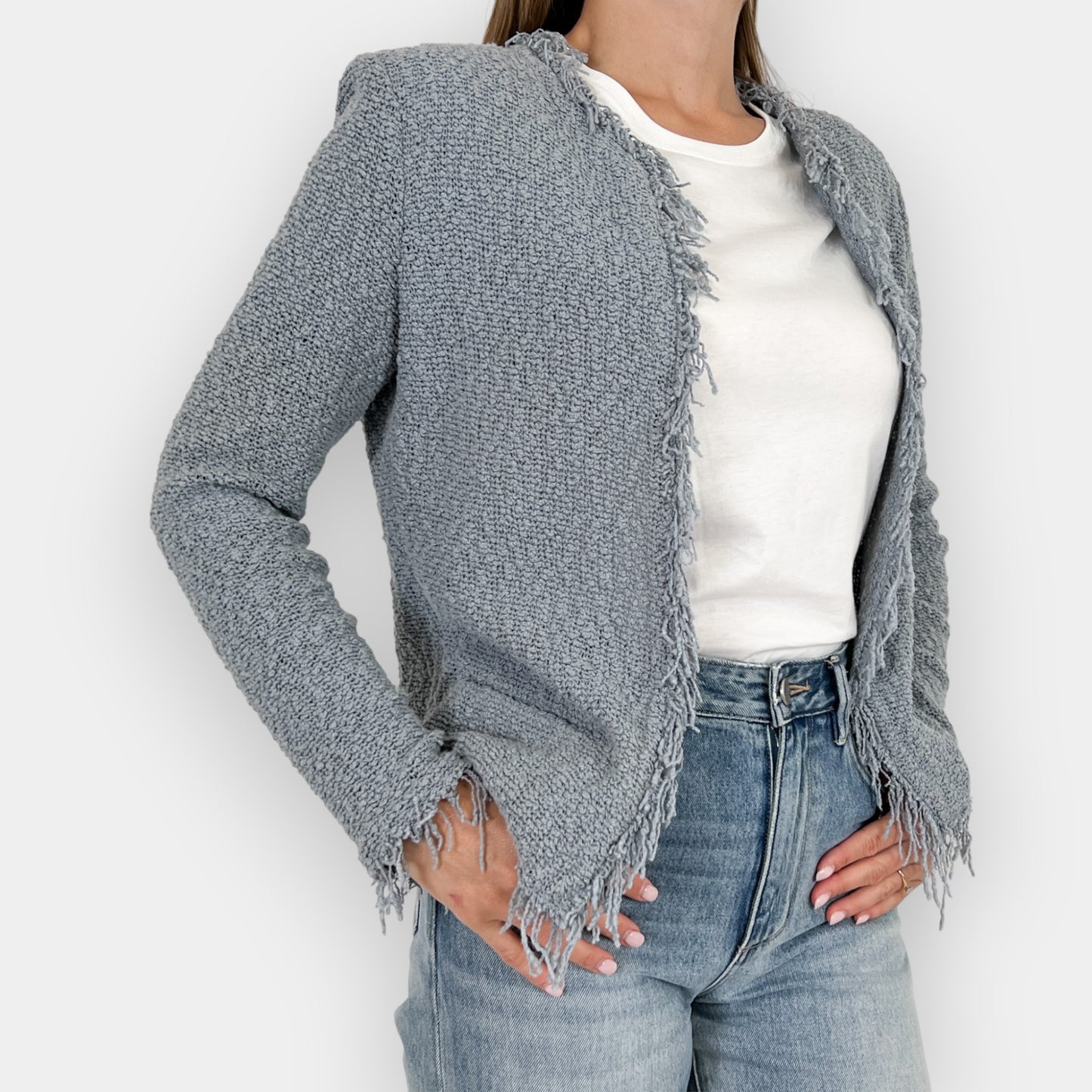 IRO Light Blue Knit Cotton Frayed Edge Jacket Small