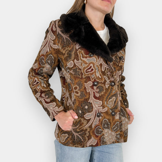 Betty Rose Vintage Jacquard & Faux Fur Tapestry Short Jacket Medium ~ AU10