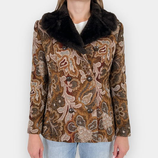 Betty Rose Vintage Jacquard & Faux Fur Tapestry Short Jacket Medium ~ AU10