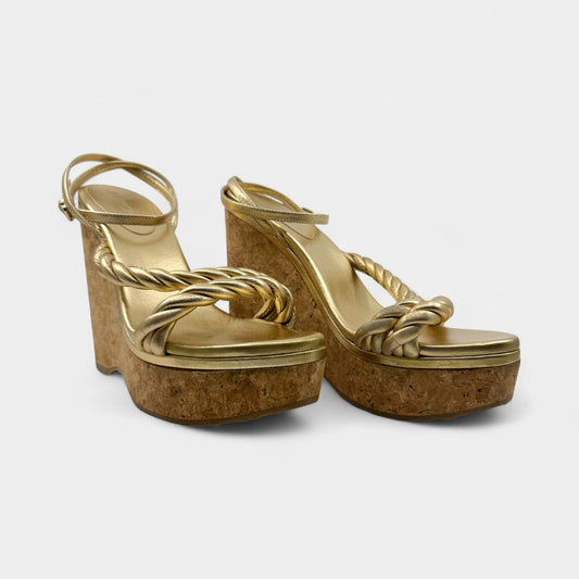 Jimmy Choo Gold Leather & Cork Diosa Platform Shoes EU41 ~ AU10