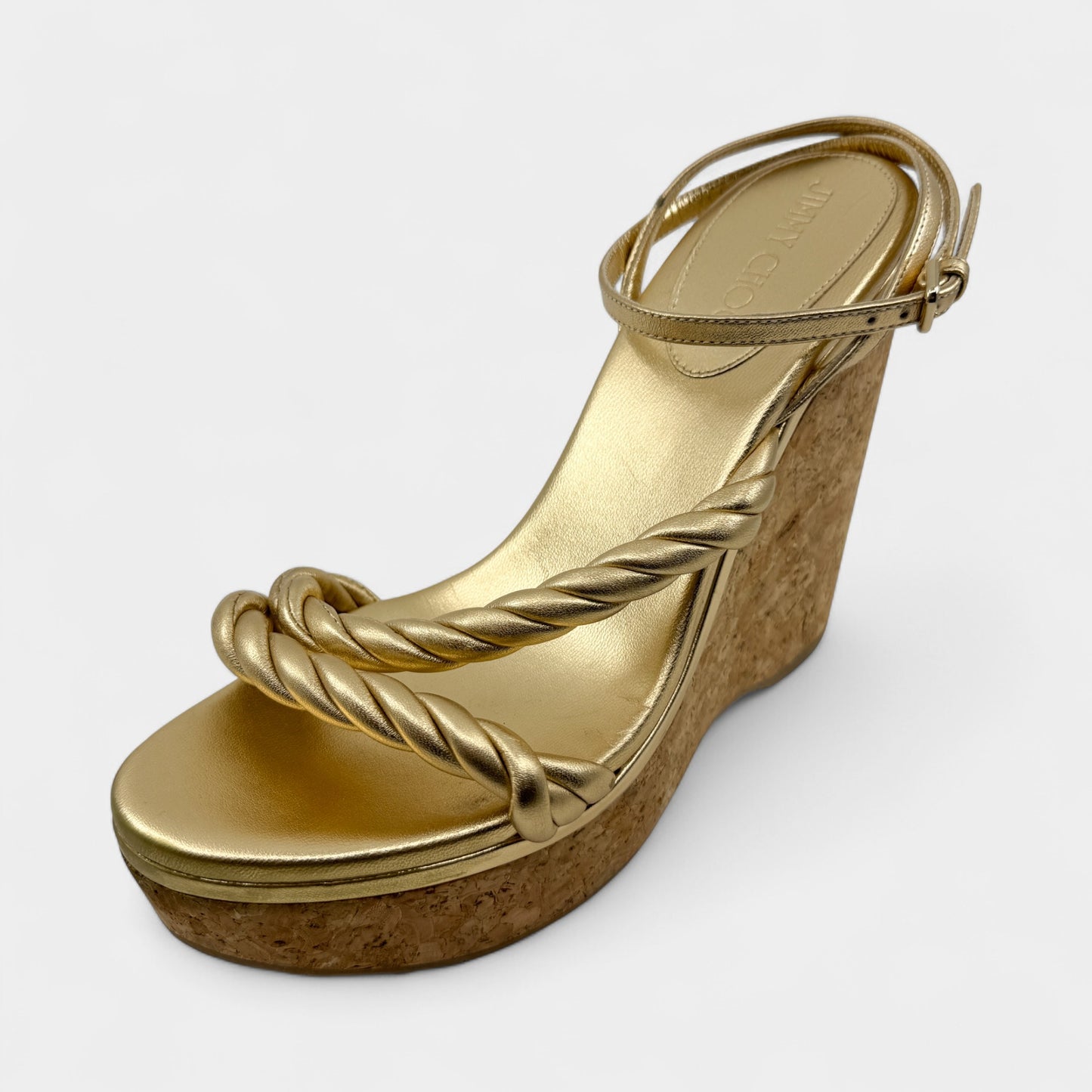 Jimmy Choo Gold Leather & Cork Diosa Platform Shoes EU41 ~ AU10