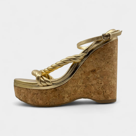 Jimmy Choo Gold Leather & Cork Diosa Platform Shoes EU41 ~ AU10