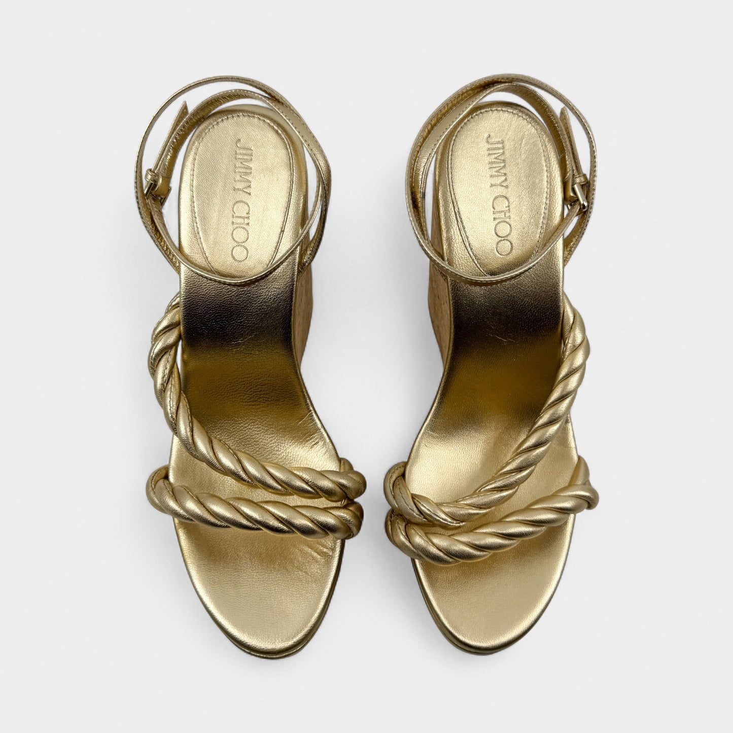 Jimmy Choo Gold Leather & Cork Diosa Platform Shoes EU41 ~ AU10