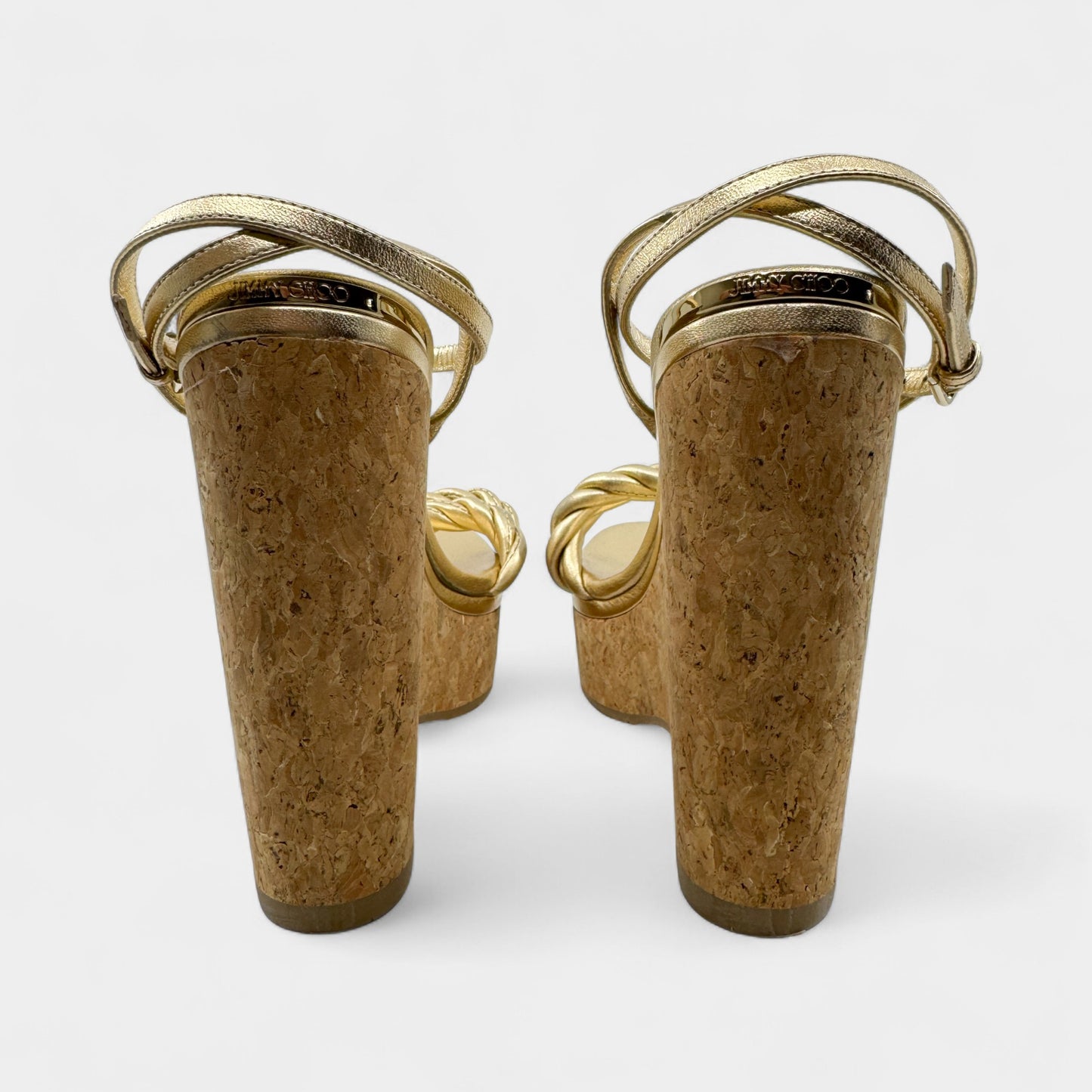 Jimmy Choo Gold Leather & Cork Diosa Platform Shoes EU41 ~ AU10