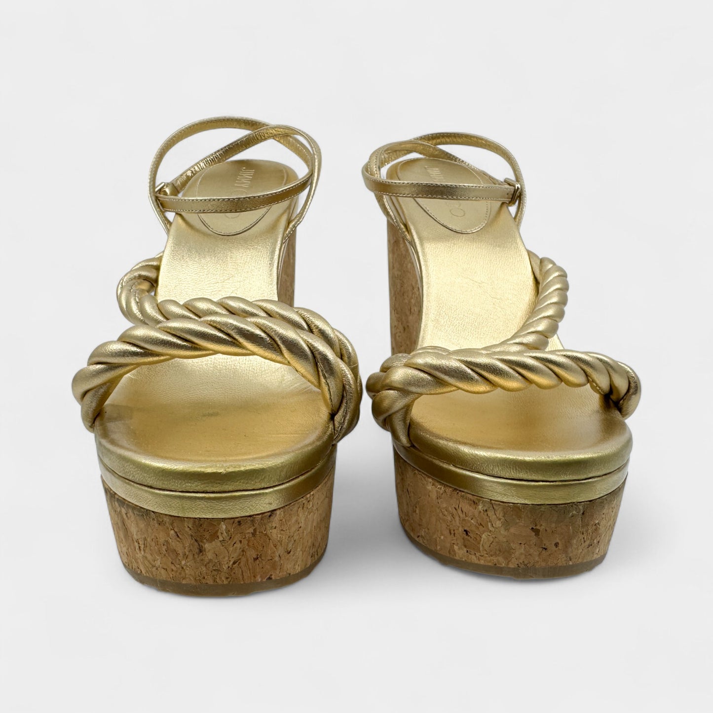 Jimmy Choo Gold Leather & Cork Diosa Platform Shoes EU41 ~ AU10