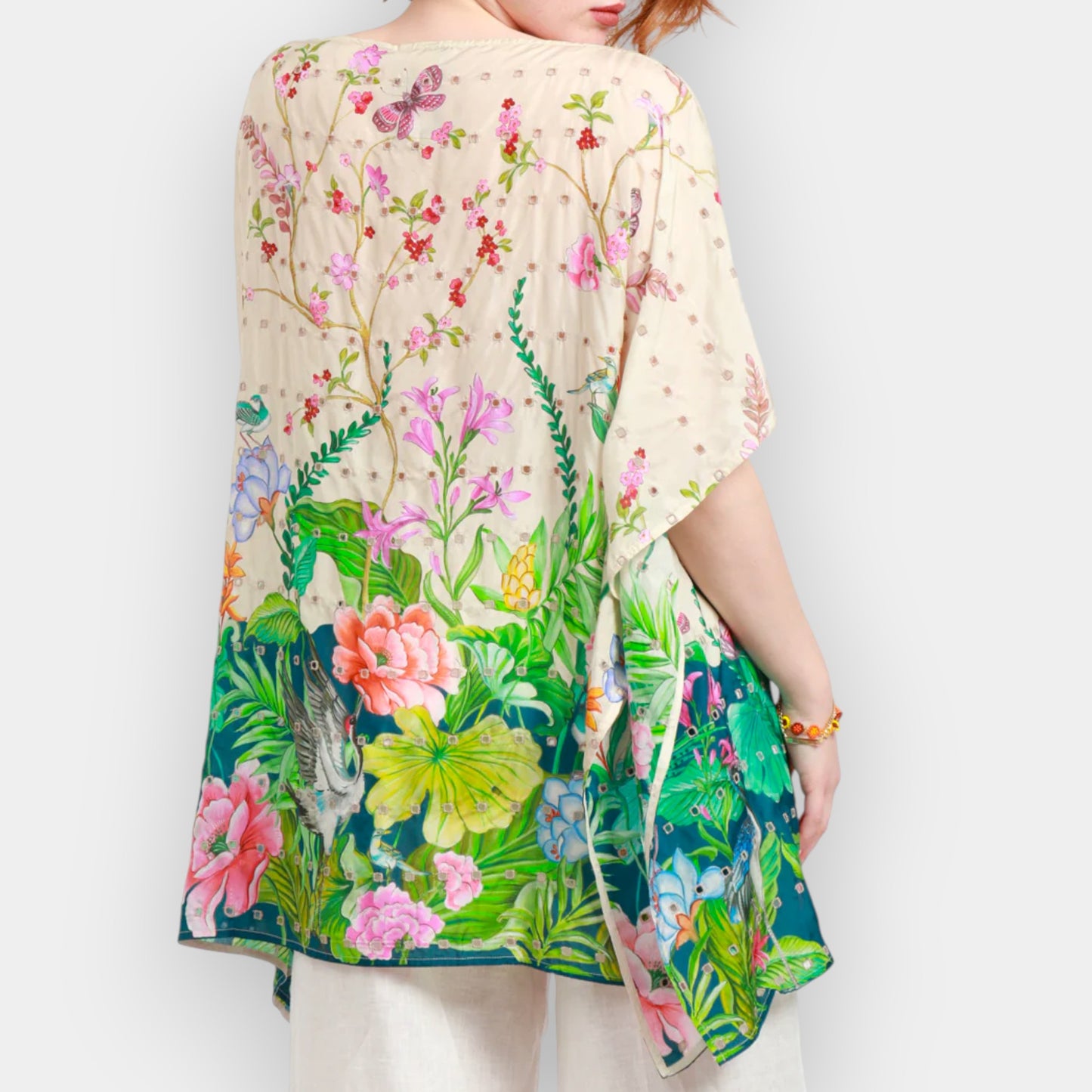 Johnny Was Multicolour Pribasa Eyelet Silk Poncho Tunic Top Large [NEW]