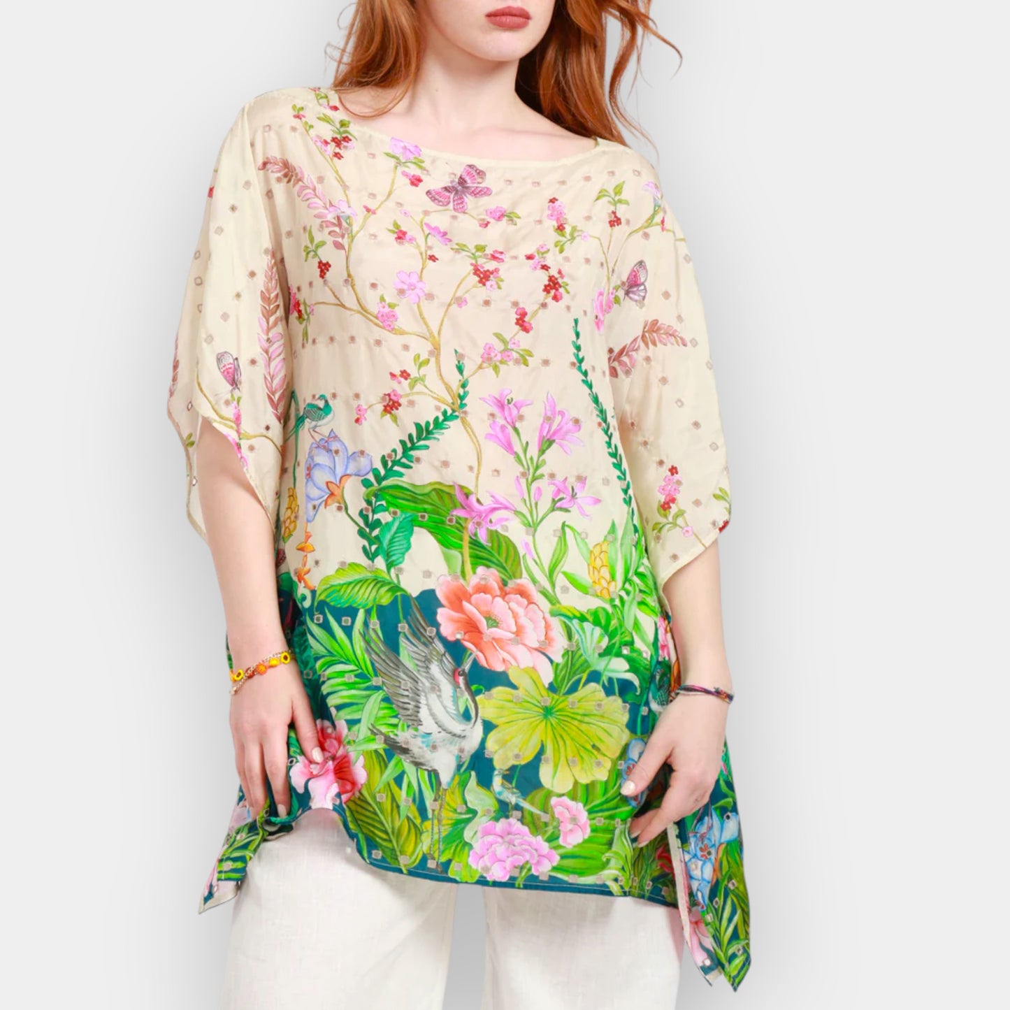 Johnny Was Multicolour Pribasa Eyelet Silk Poncho Tunic Top Large [NEW]