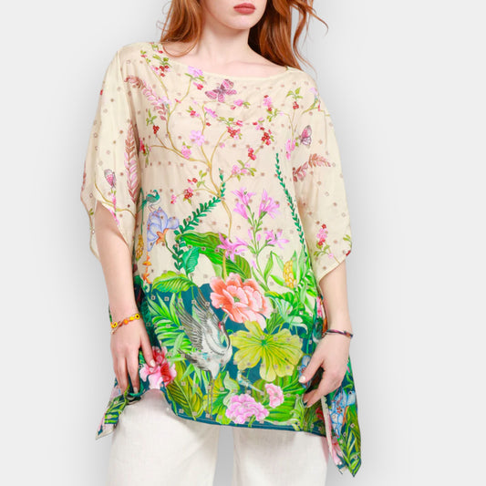 Johnny Was Multicolour Pribasa Eyelet Silk Poncho Tunic Top Large [NEW]