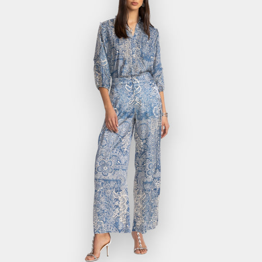 Johnny Was Blue Silk Wide Leg Lauchlen Pants AU14+ ~ Large [NEW]
