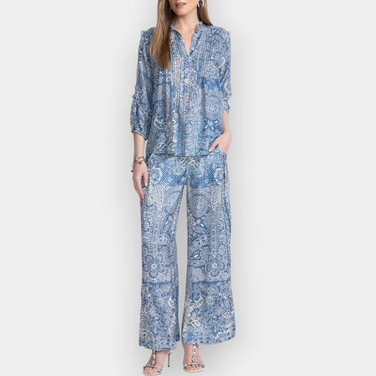 Johnny Was Blue Silk Wide Leg Lauchlen Pants AU16+ ~ X-Large [NEW]