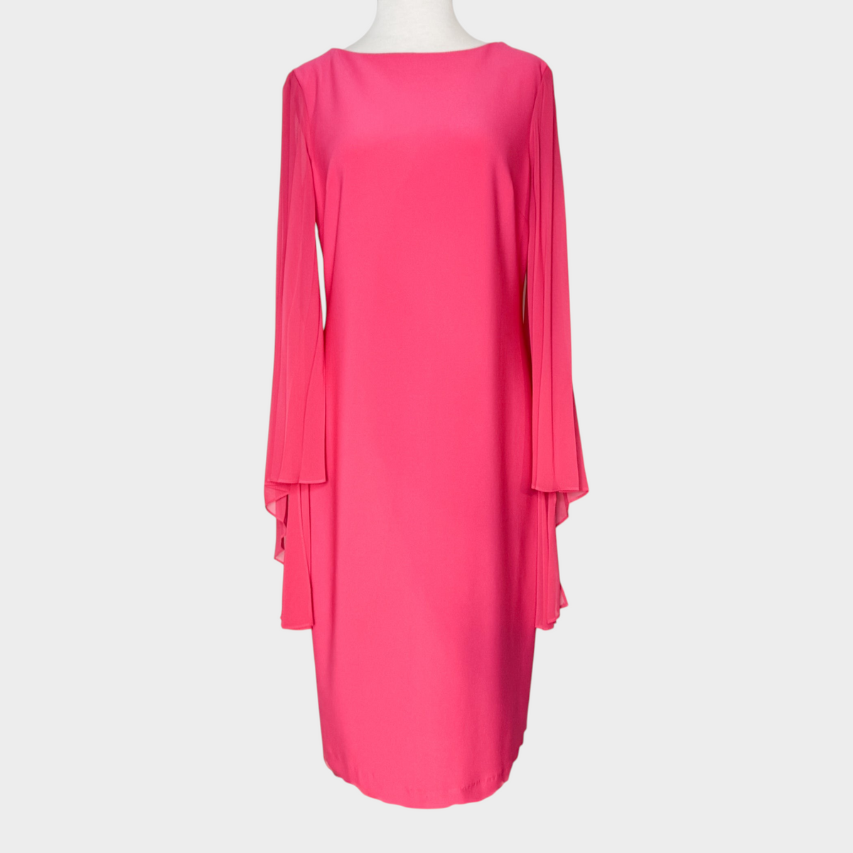 Studio61 Preloved Boutique Sydney bright pink Joseph Ribkoff dress featuring elegant long bell sleeves and boat neckline