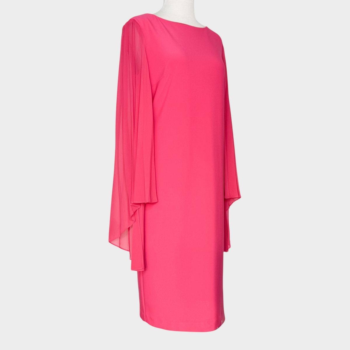 Studio61 Preloved Boutique Sydney bright pink Joseph Ribkoff dress featuring elegant sheer flowing bell sleeves.