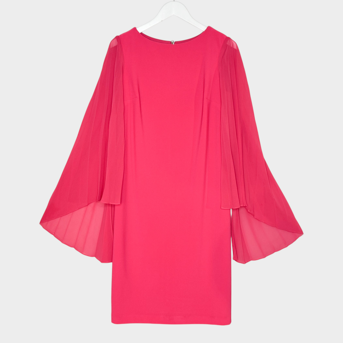Studio61 Preloved Boutique Sydney bright pink Joseph Ribkoff dress featuring elegant sheer pleated bell sleeves.