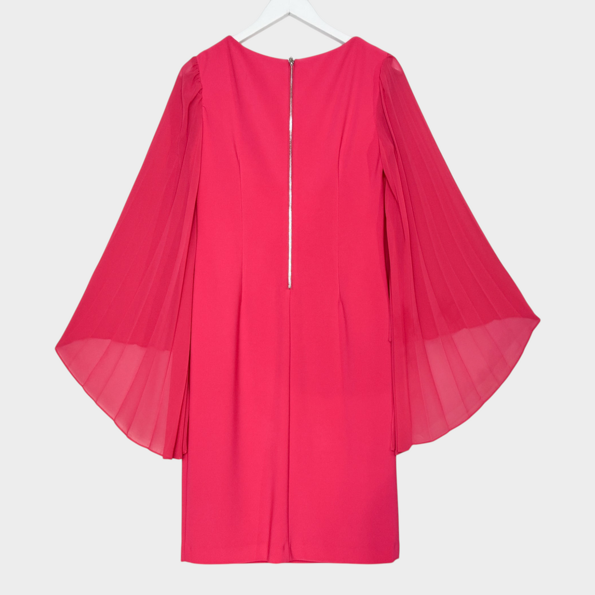 Studio61 Preloved Boutique Sydney bright pink Joseph Ribkoff dress featuring dramatic pleated bell sleeves and back zip