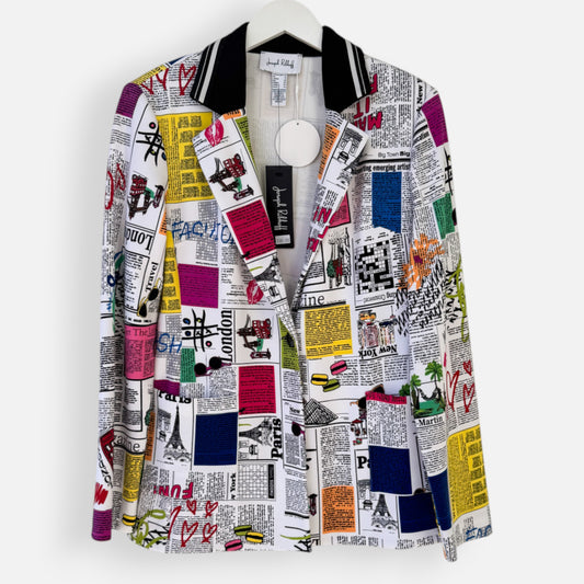 Joseph Ribkoff Multicoloured Silky Word Print Blazer Jacket AU12 ~ Medium [NEW]
