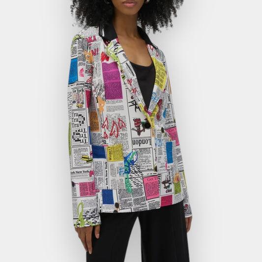 Joseph Ribkoff Multicoloured Silky Word Print Blazer Jacket AU12 ~ Medium [NEW]