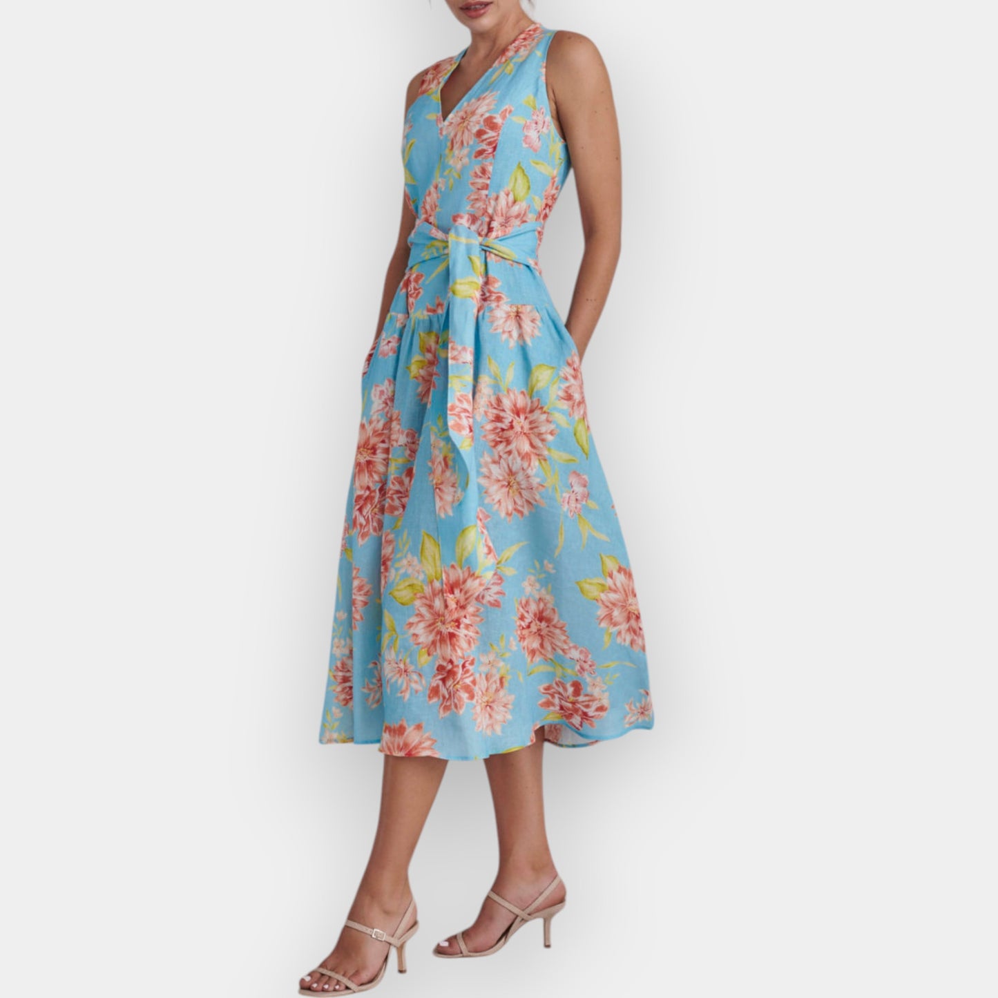 Kamare Turquoise Belinda Chrysanthemum Flower Linen Dress AU16 [NEW]