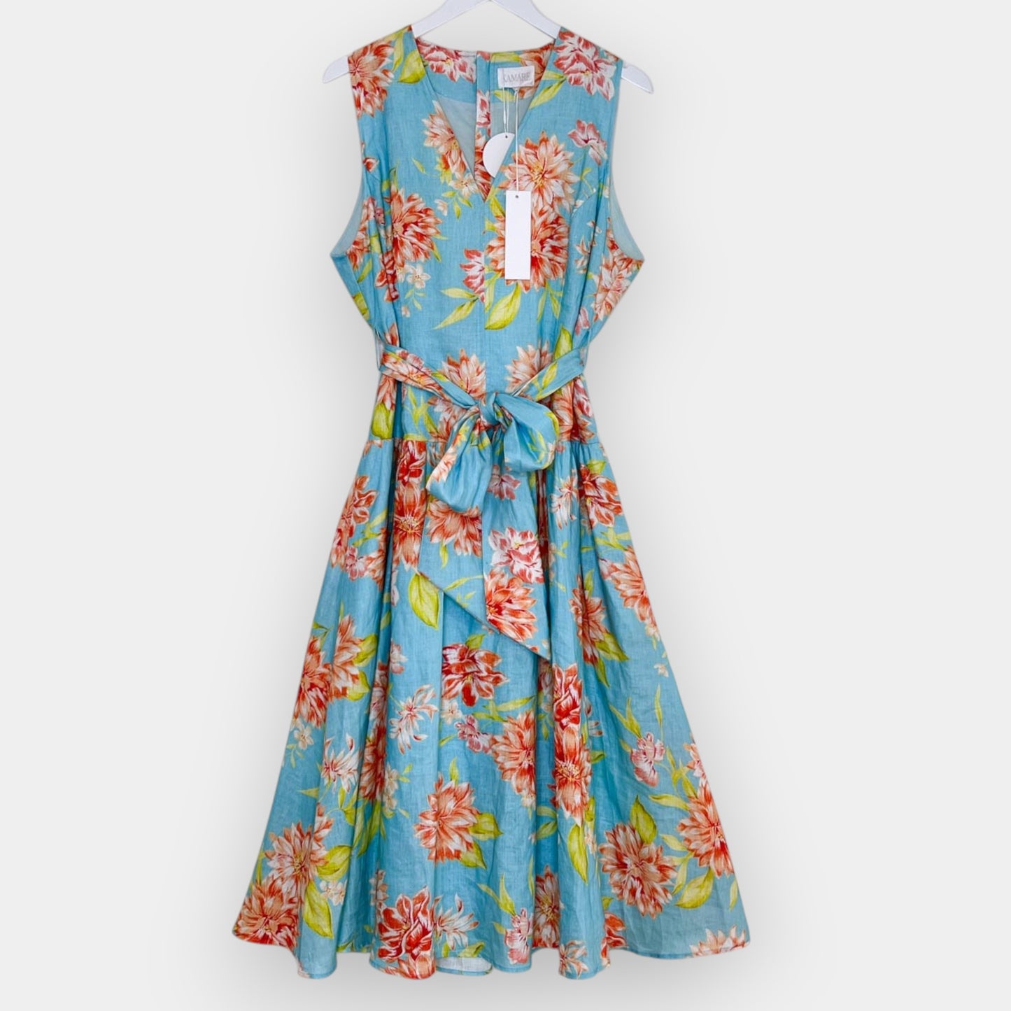 Kamare Turquoise Belinda Chrysanthemum Flower Linen Dress AU16 [NEW]