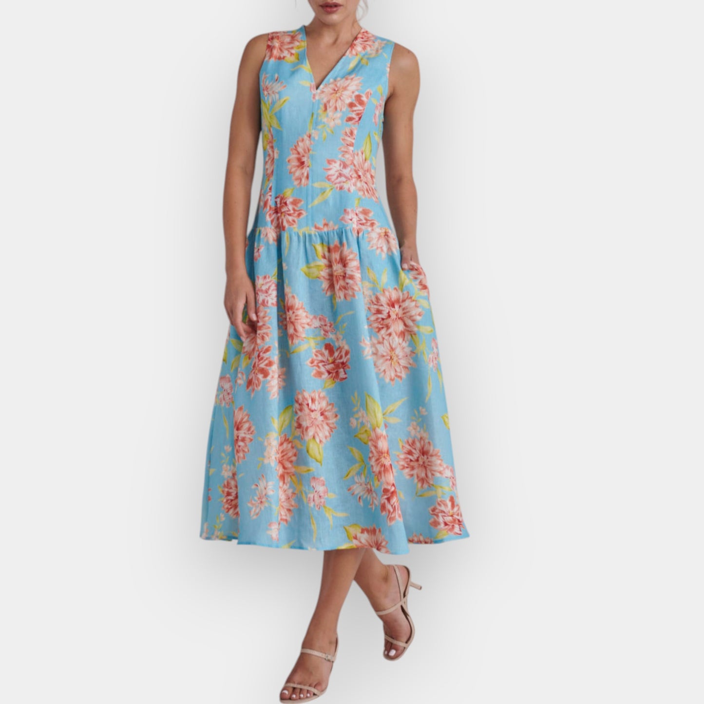 Kamare Turquoise Belinda Chrysanthemum Flower Linen Dress AU16 [NEW]