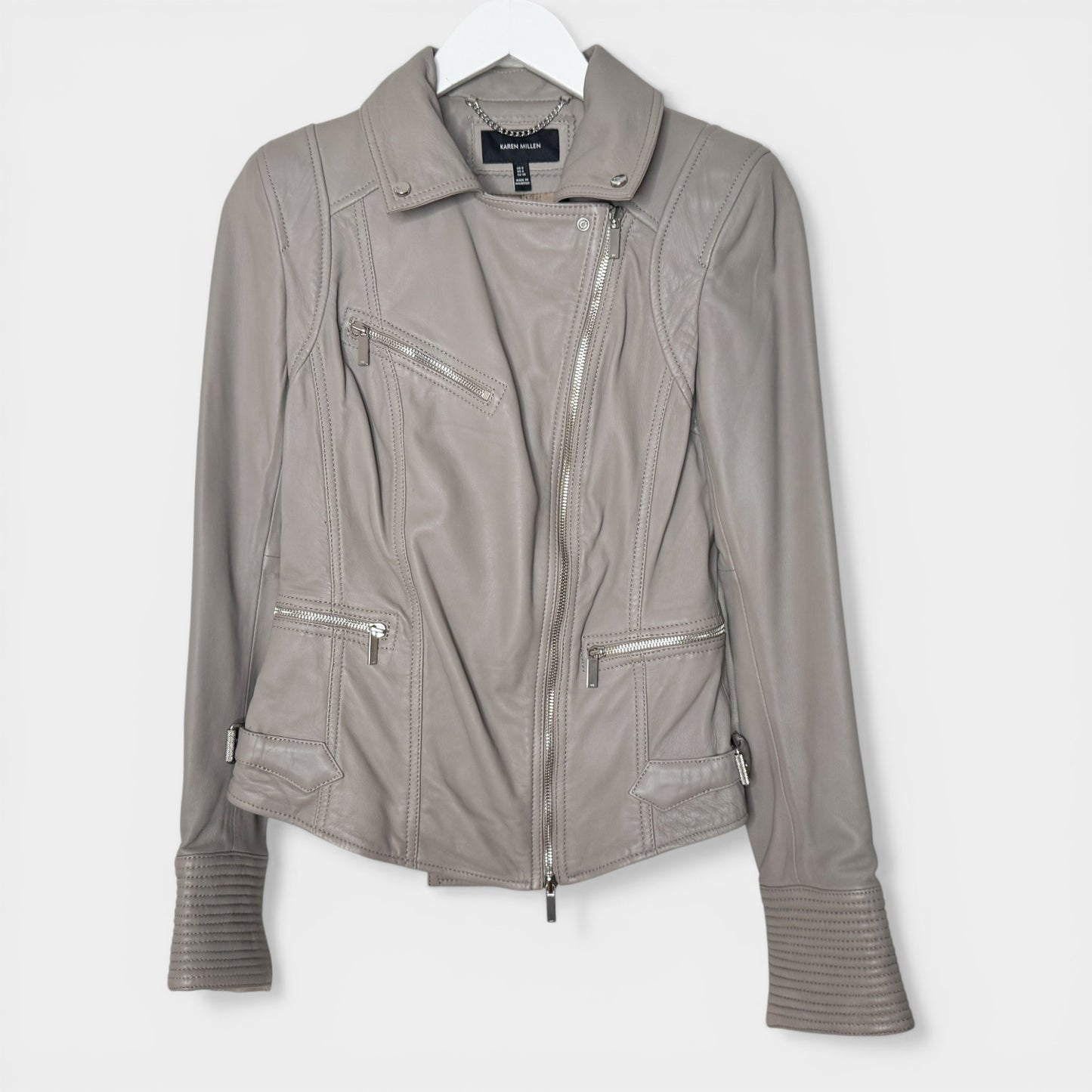 Karen Millen Grey Leather Signature Biker Jacket AU8 ~ Small