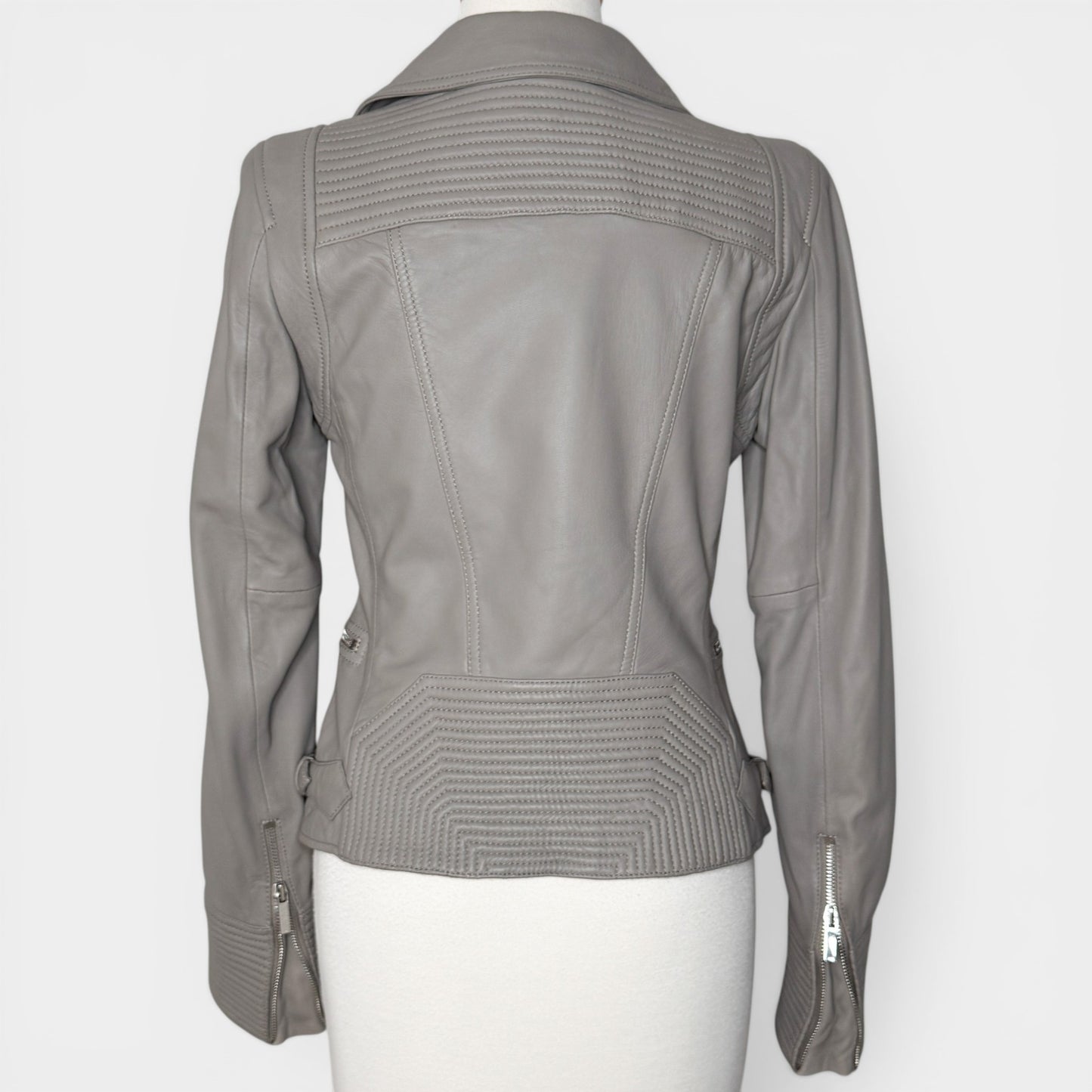 Karen Millen Grey Leather Signature Biker Jacket AU8 ~ Small