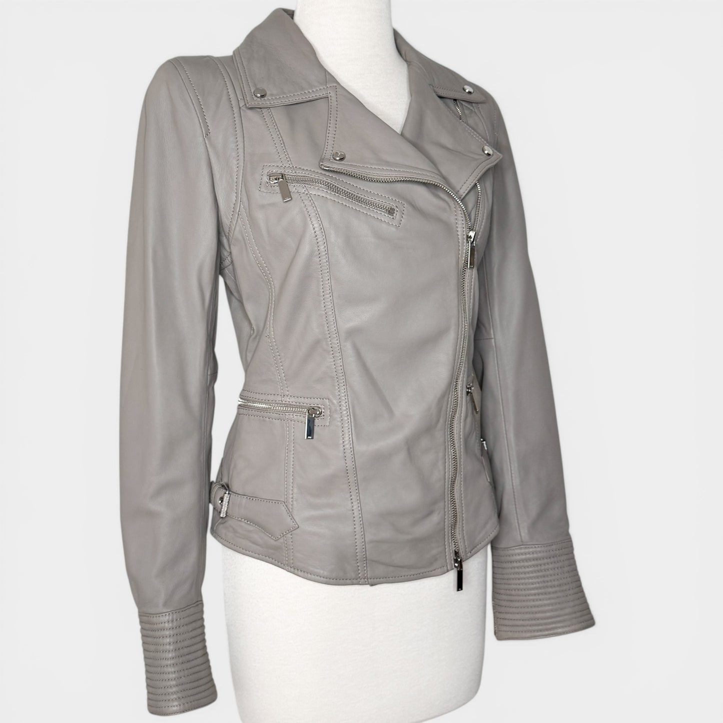 Karen Millen Grey Leather Signature Biker Jacket AU8 ~ Small