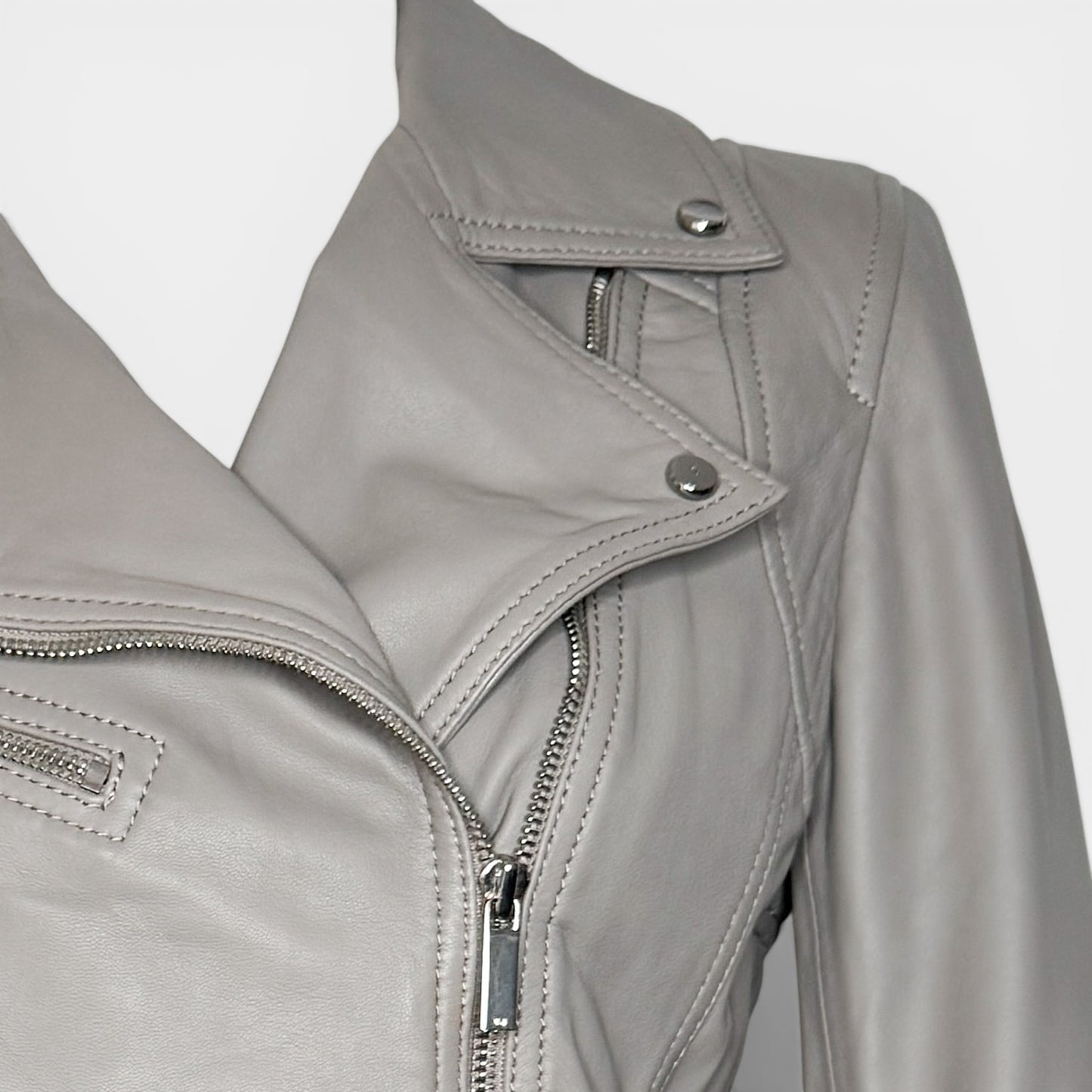 Karen Millen Grey Leather Signature Biker Jacket AU8 ~ Small
