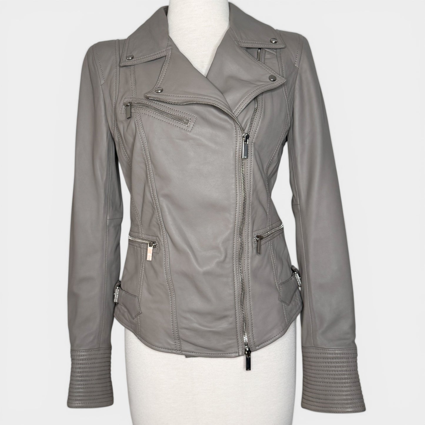 Karen Millen Grey Leather Signature Biker Jacket AU8 ~ Small