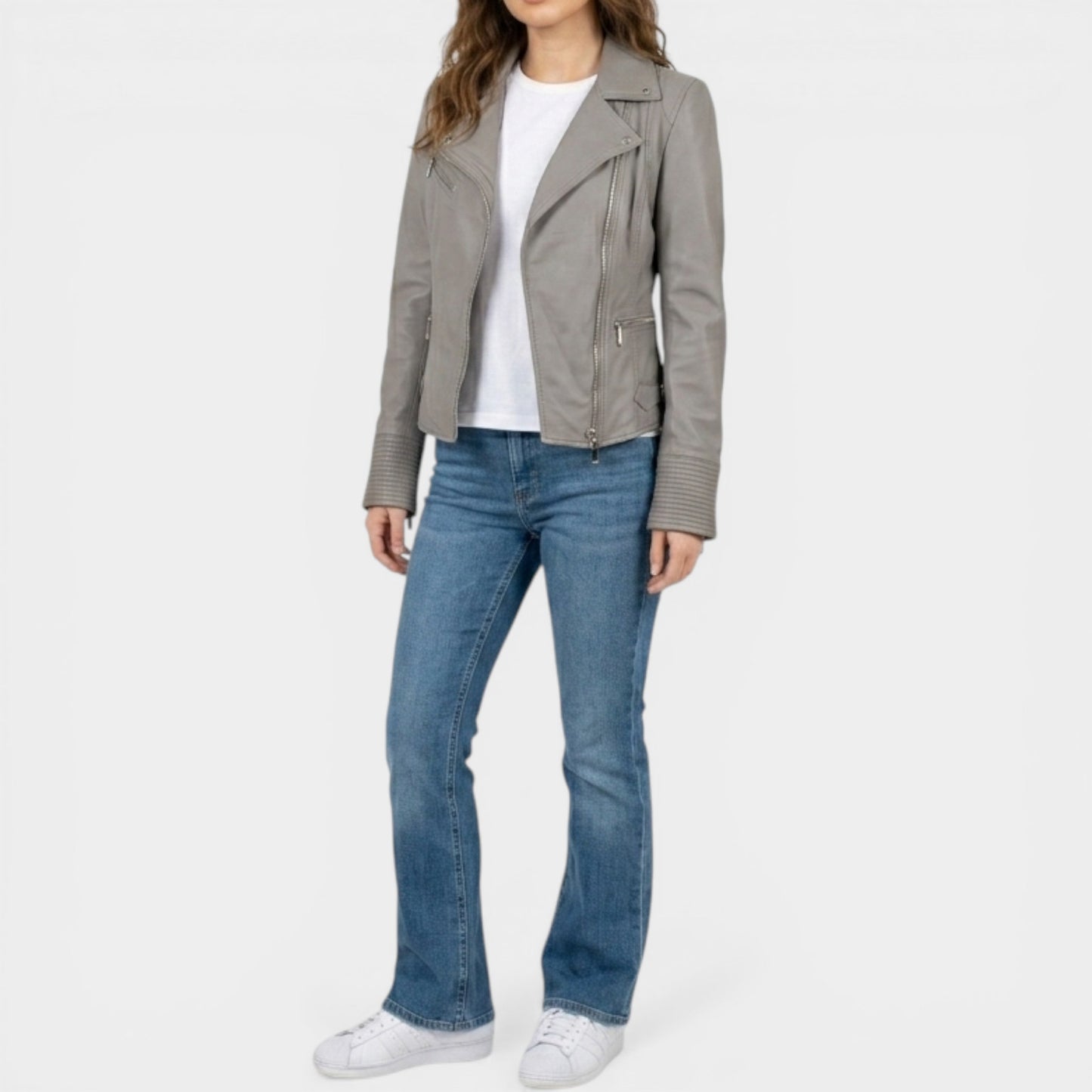 Karen Millen Grey Leather Signature Biker Jacket AU8 ~ Small