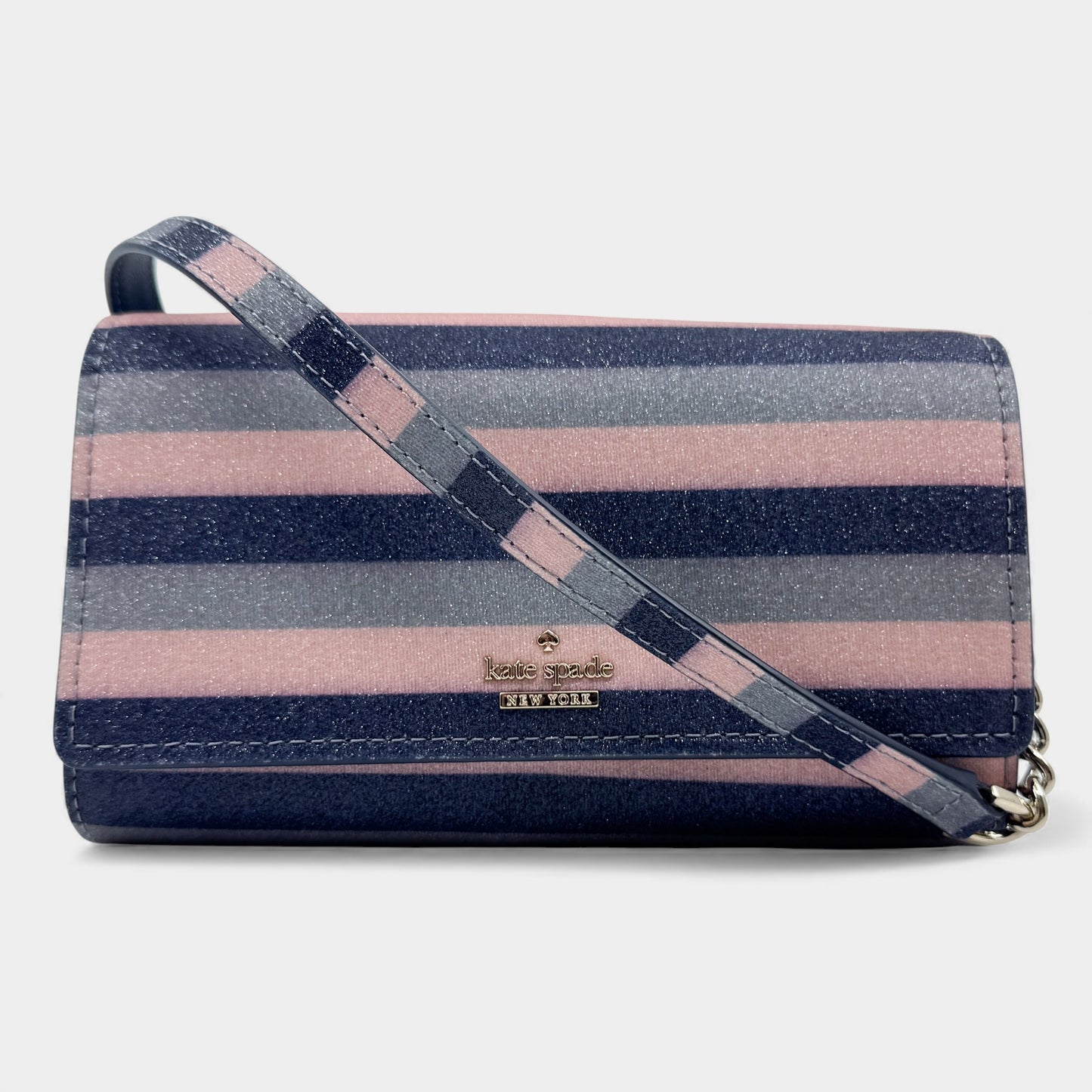 Kate Spade NY Navy Blue Blush Pink Stripe Glitter Bag