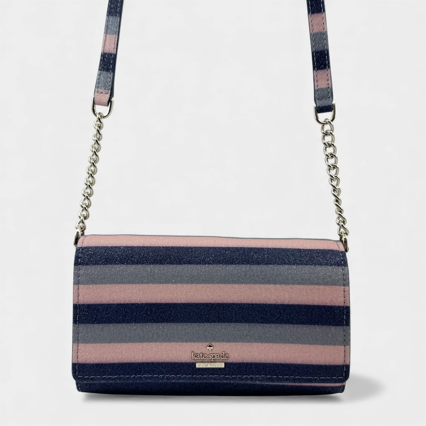 Kate Spade NY Navy Blue Blush Pink Stripe Glitter Bag