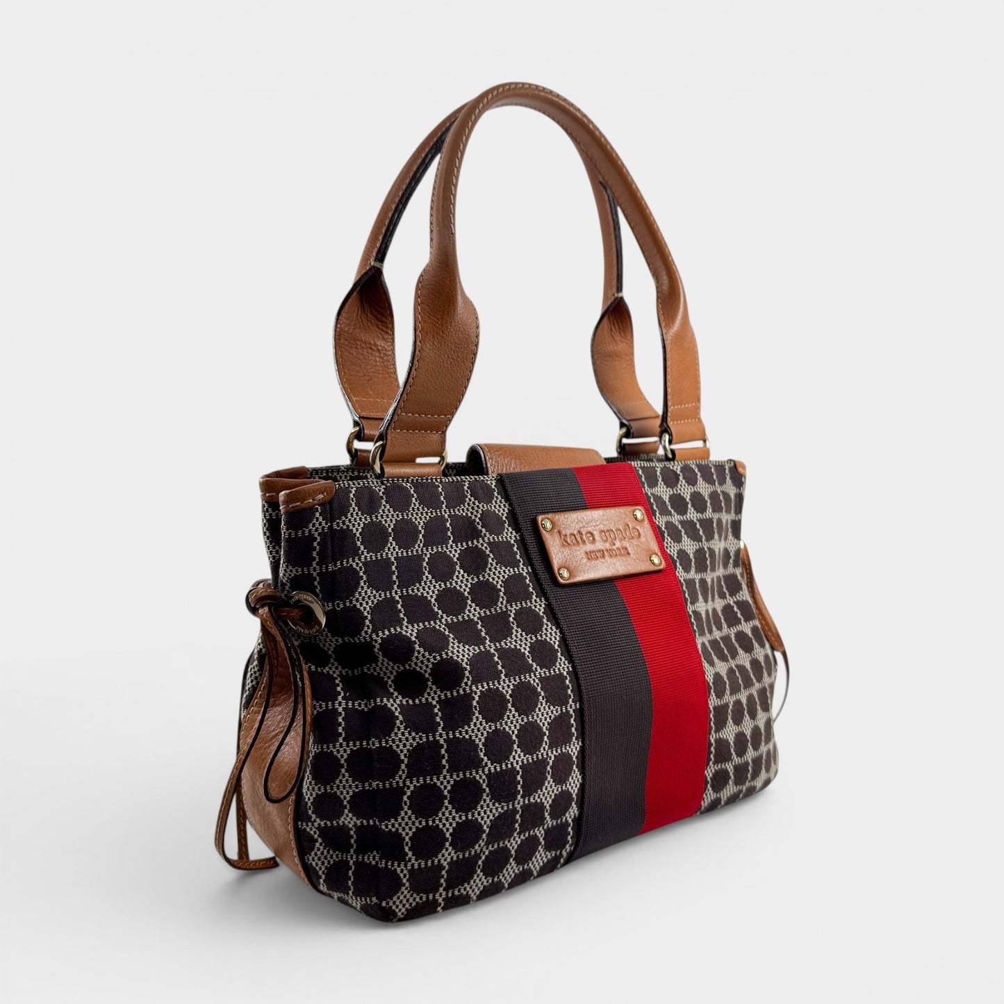 Kate Spade NY Red Brown Leather Canvas Noel Shoulder Bag