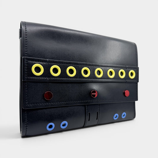 Kenzo Paris Black Leather Multicoloured Grommet Folio Case Clutch Bag