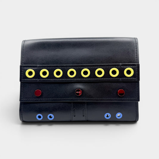 Kenzo Paris Black Leather Multicoloured Grommet Folio Case Clutch Bag