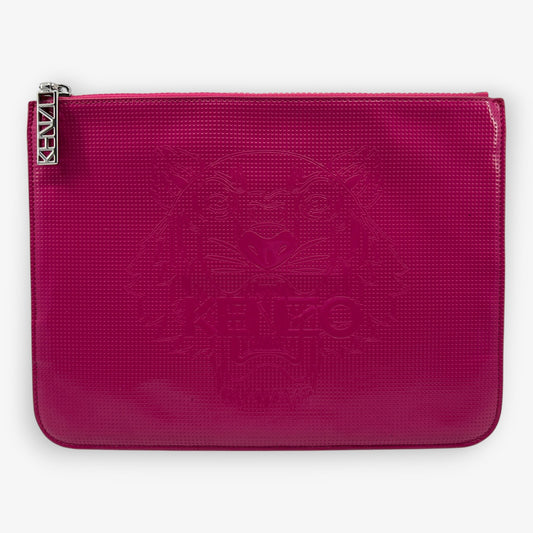 Kenzo Bright Hot Pink Tiger Embossed Zip Clutch Bag