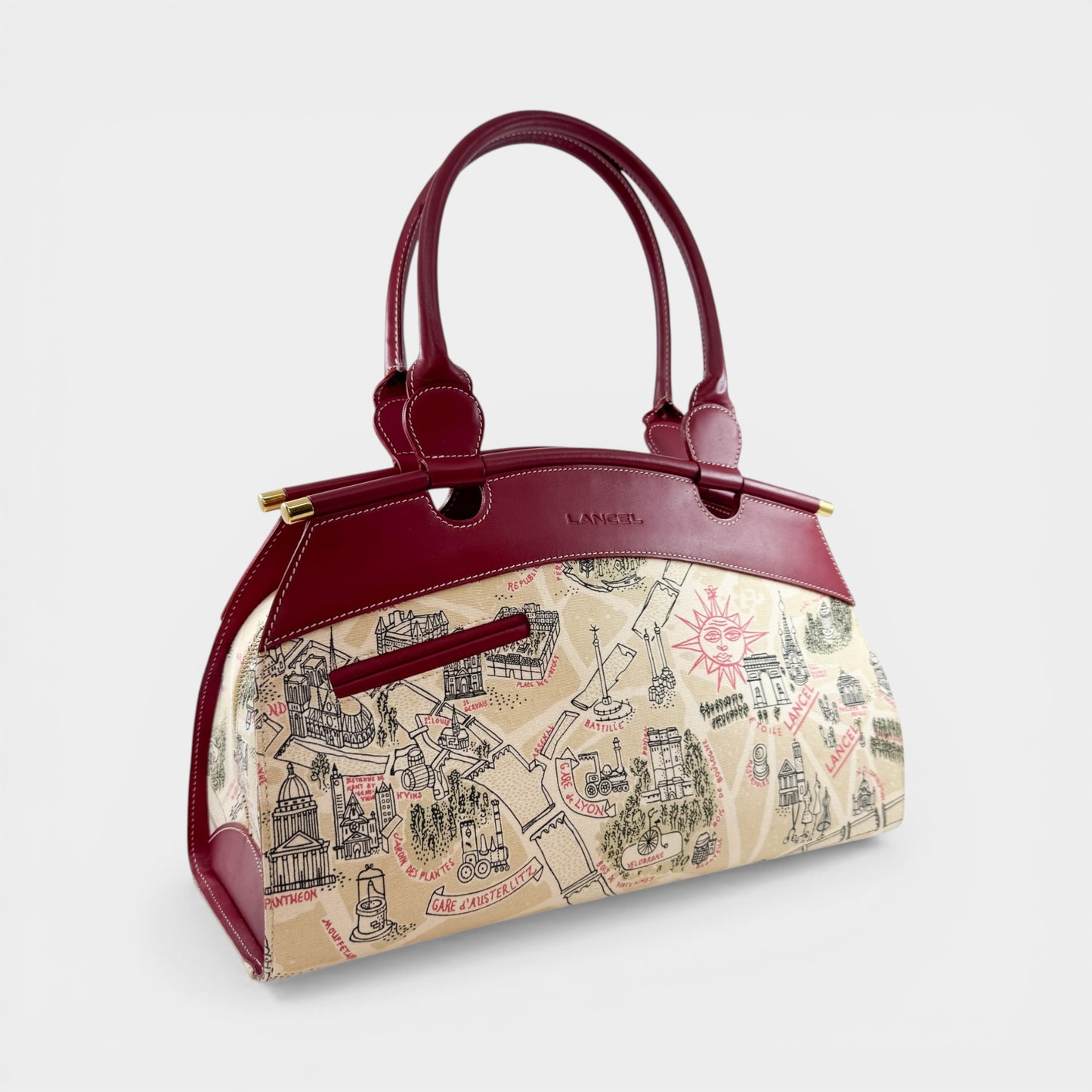 Lancel Paris Canvas & Red Leather Top Handle Bag