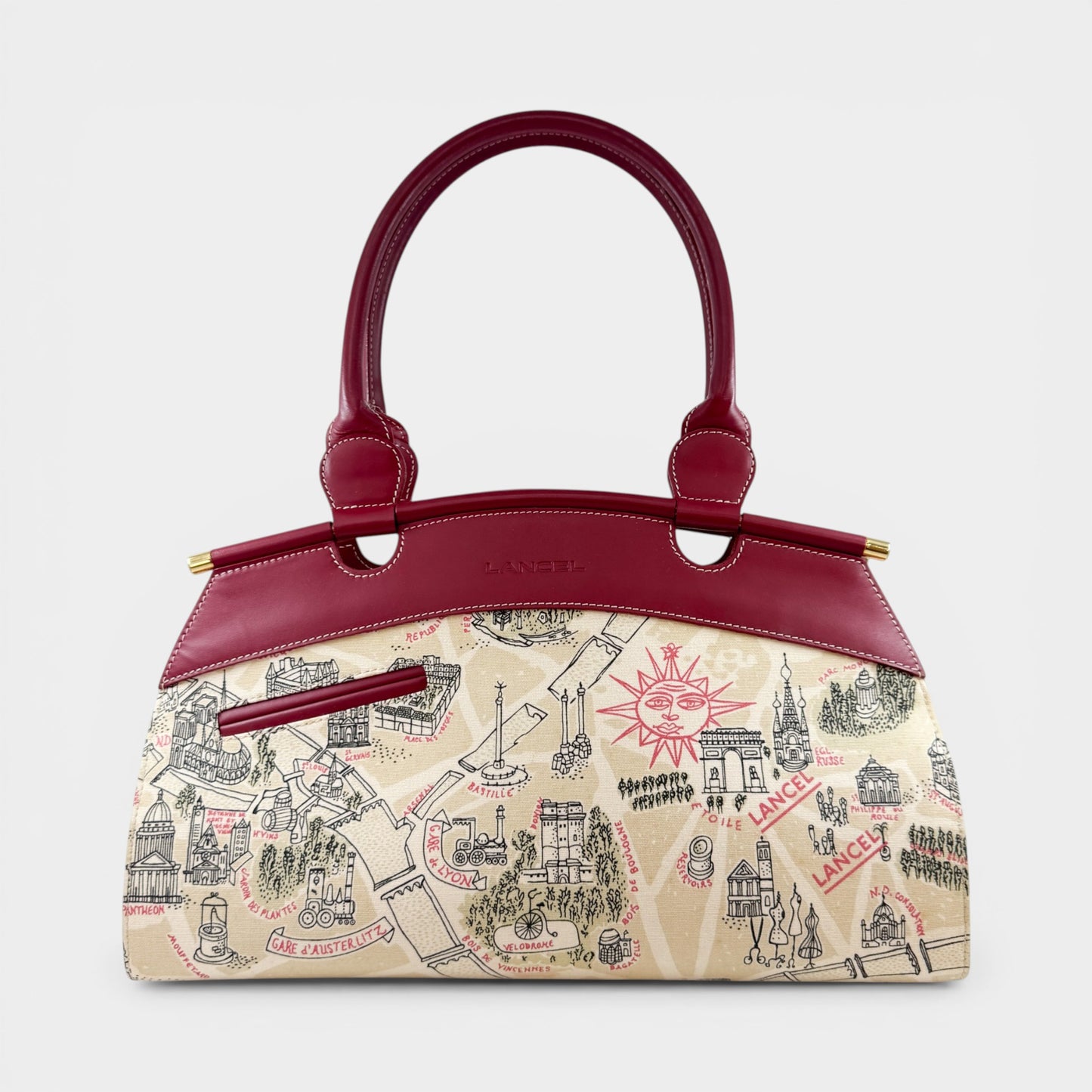 Lancel Paris Canvas & Red Leather Top Handle Bag