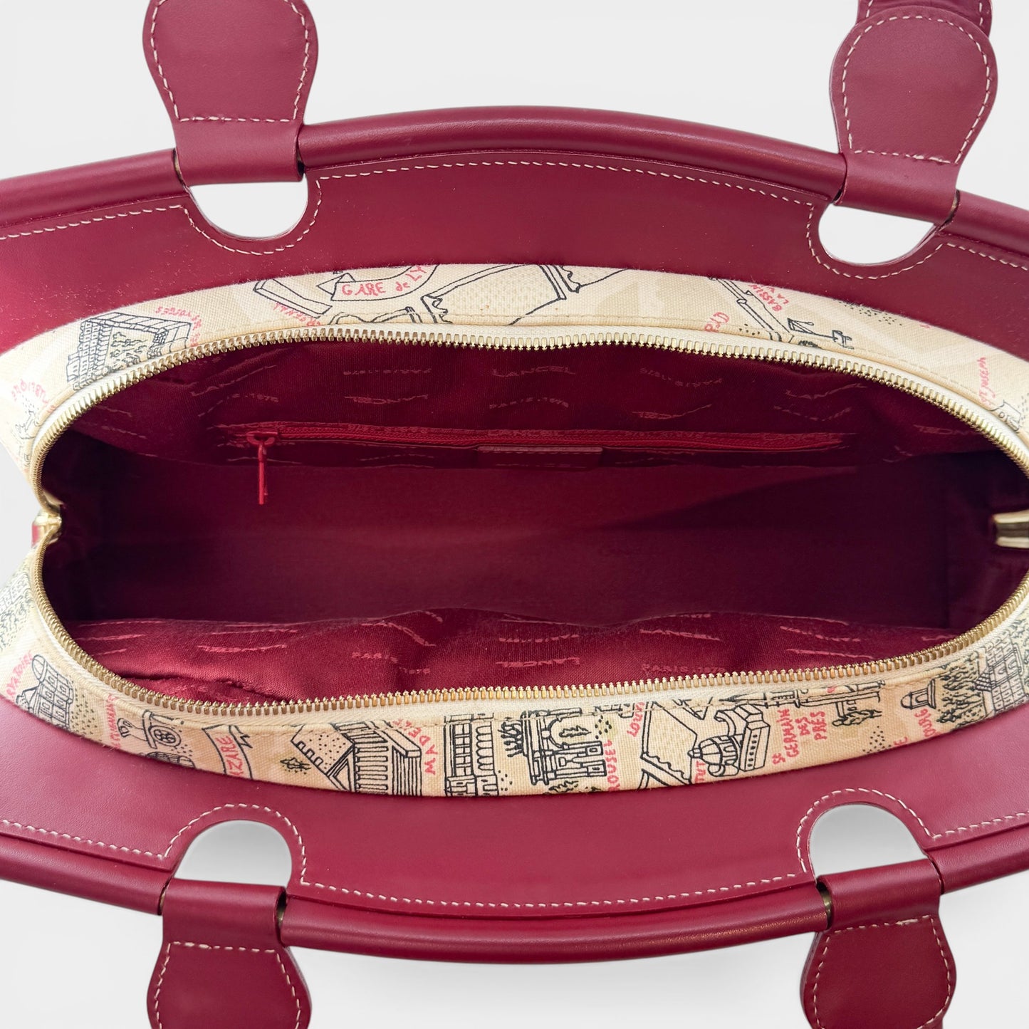 Lancel Paris Canvas & Red Leather Top Handle Bag