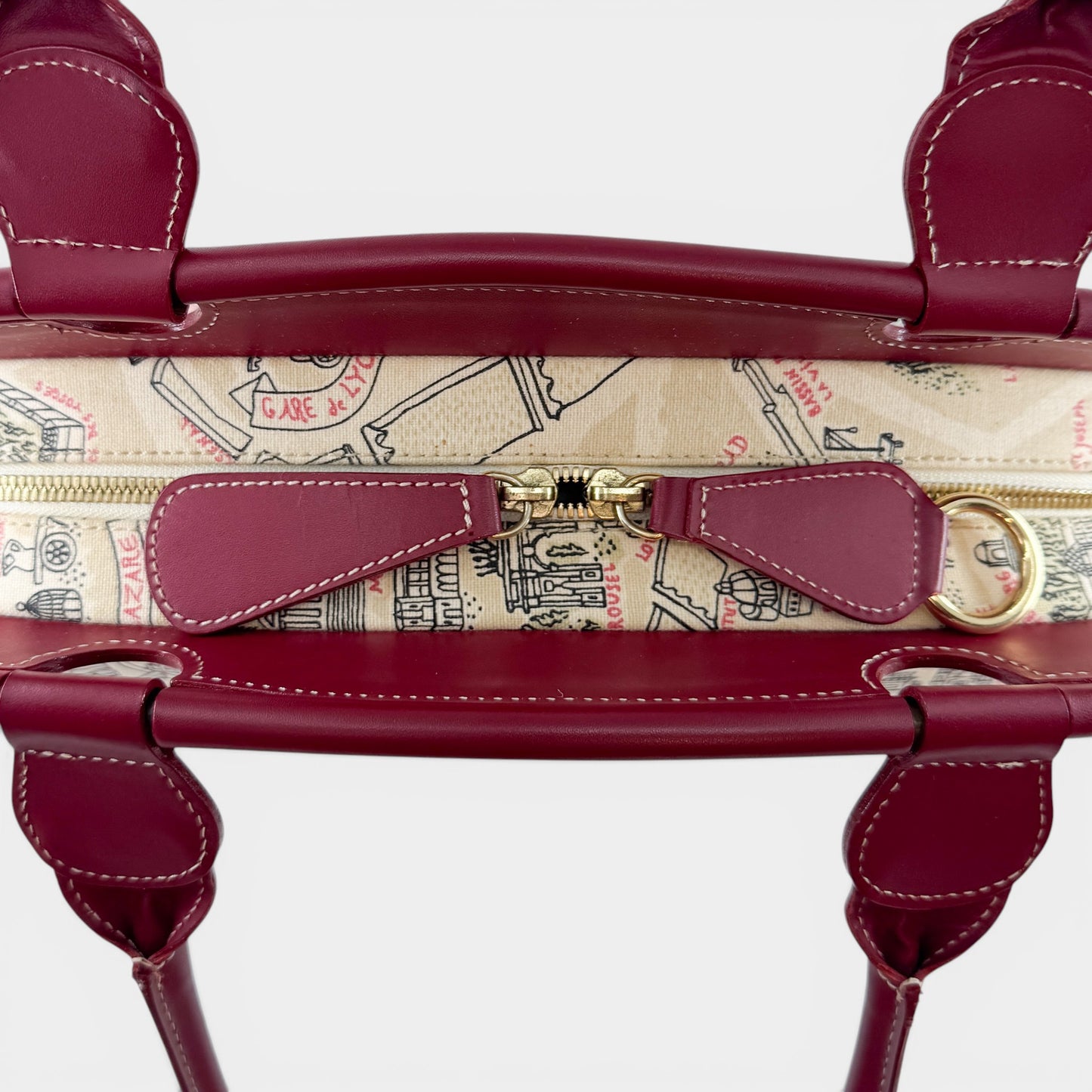 Lancel Paris Canvas & Red Leather Top Handle Bag