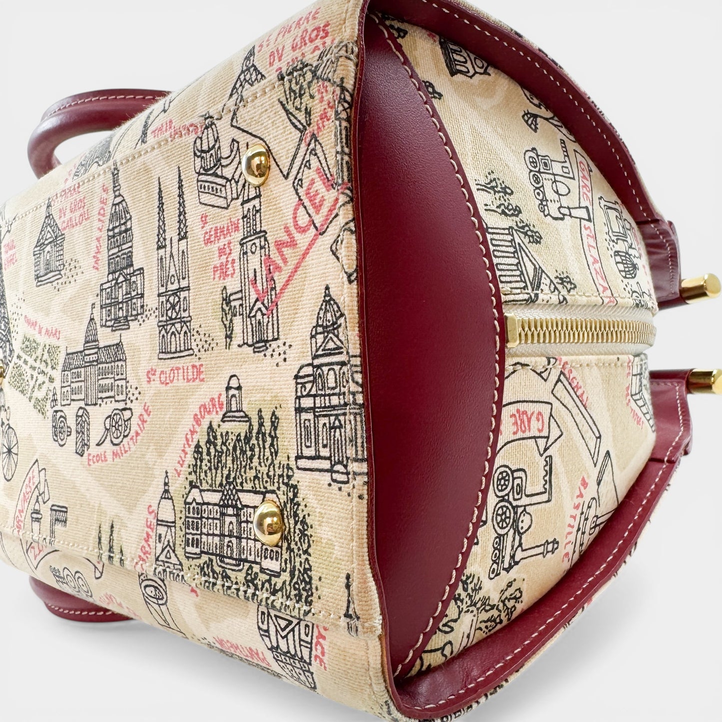 Lancel Paris Canvas & Red Leather Top Handle Bag